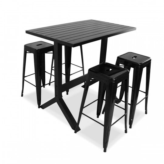 Table de terrasse haute et 4 tabourets en métal noir