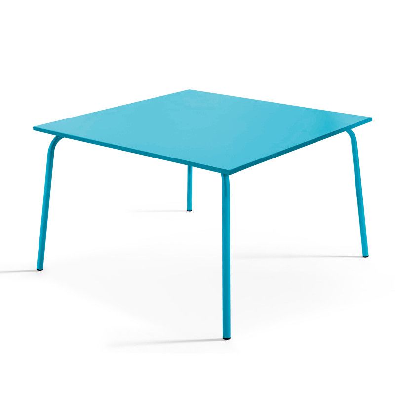Table de terrasse carrée en métal bleu 8 places Table de terrasse carrée en métal bleu 8 places
