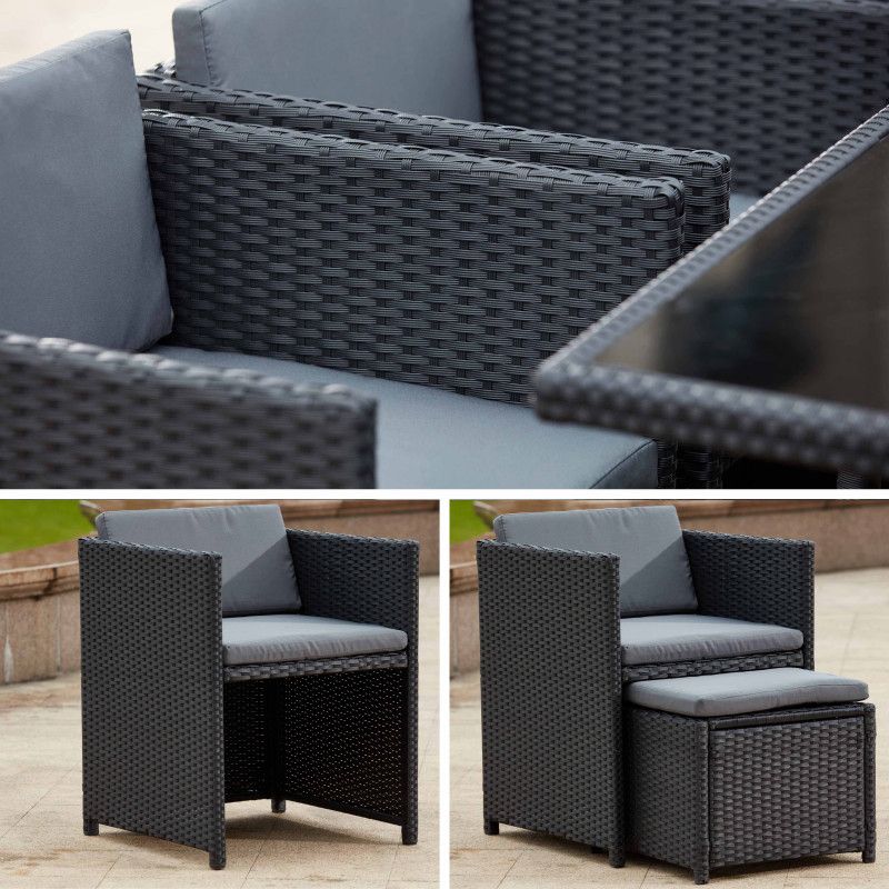 Table et fauteuils de jardin coussins gris en résine Table et fauteuils de jardin coussins gris en résine