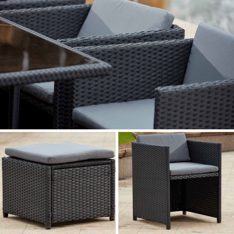 Table et fauteuils de jardin en résine encastrable coussins gris Table et fauteuils de jardin en résine encastrable coussins gris