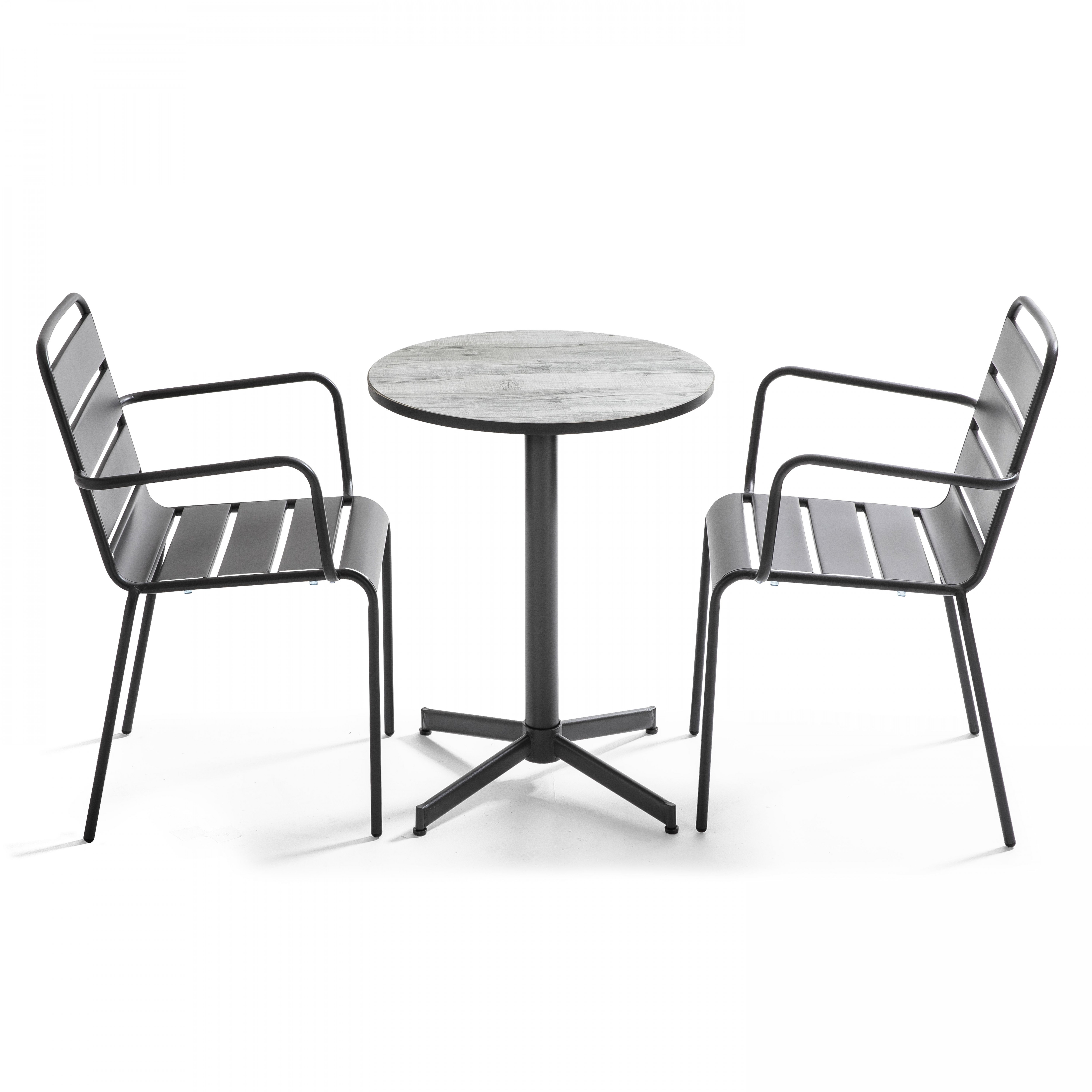 Table de terrasse bistrot ronde en métal et céramique effet bois Ø60 cm et 2 chaises avec accoudoirs