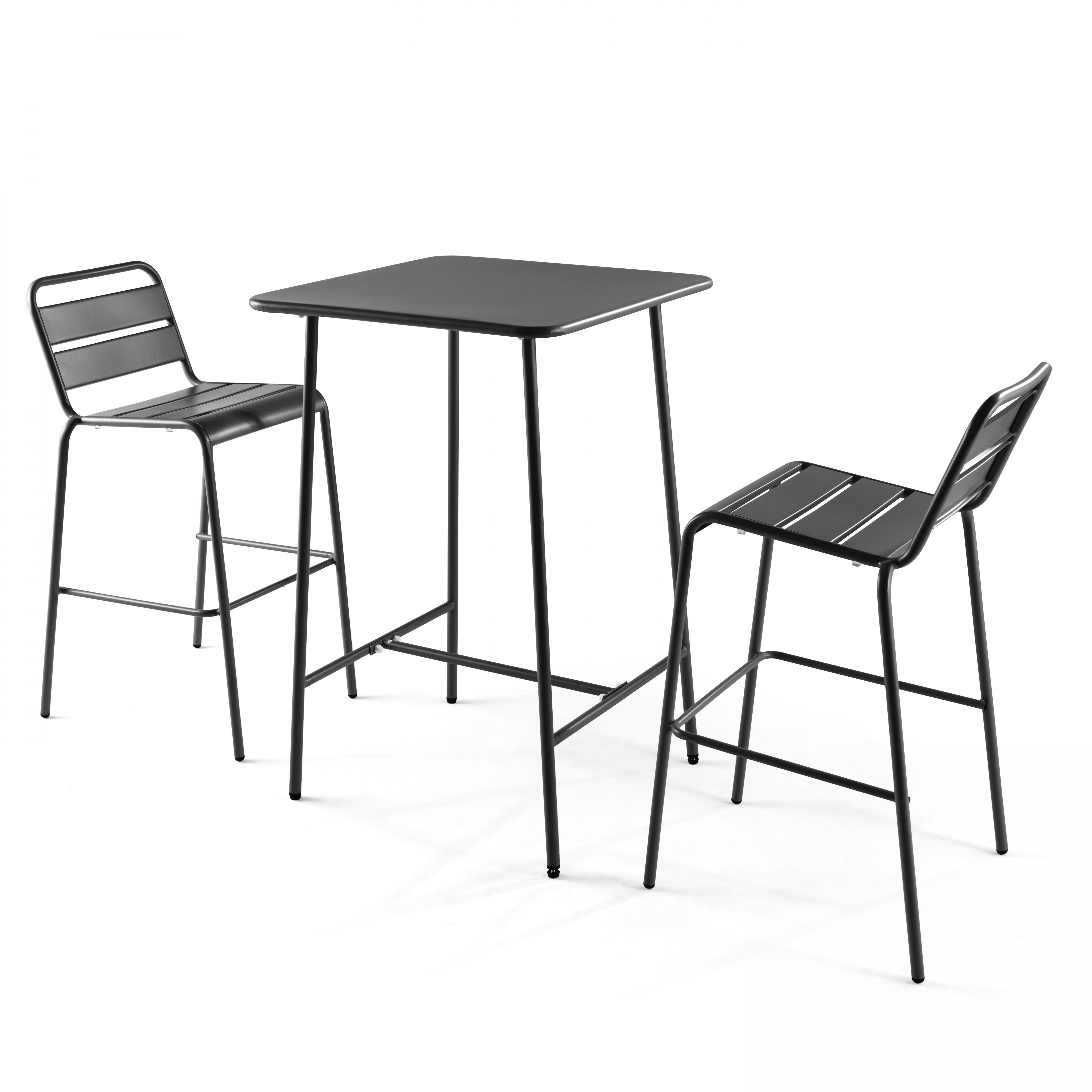 Table haute de terrasse bistrot carrée en métal 70x70 cm et 2 chaises hautes