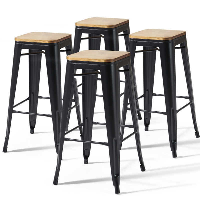 Lot de 4 tabourets indus avec assise en bois