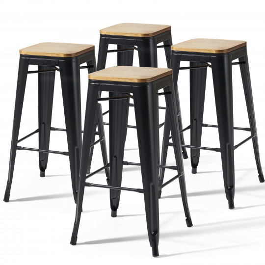 Lot de 4 tabourets indus avec assise en bois
