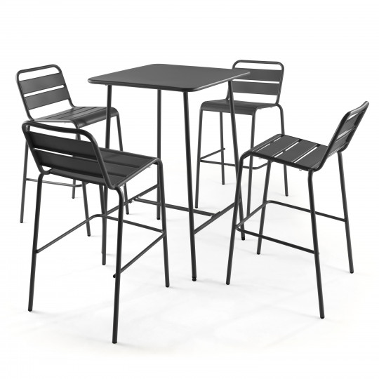 Table haute en métal et 4 tabourets gris