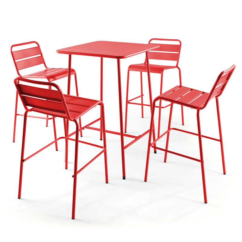 Table haute en métal et 4 tabourets rouge