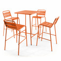 Table haute en métal et 4 tabourets orange