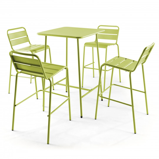 Table haute en métal et 4 tabourets vert