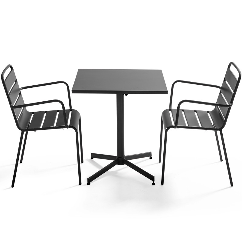Table carrée rabattable GRISE et 2 fauteuils en métal