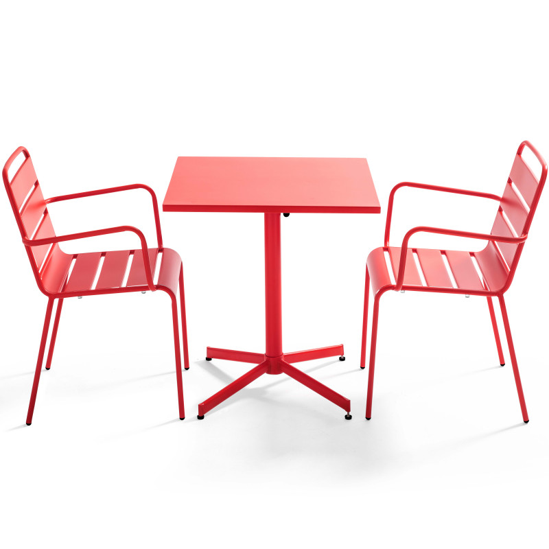 Table carrée rabattable ROUGE et 2 fauteuils en métal