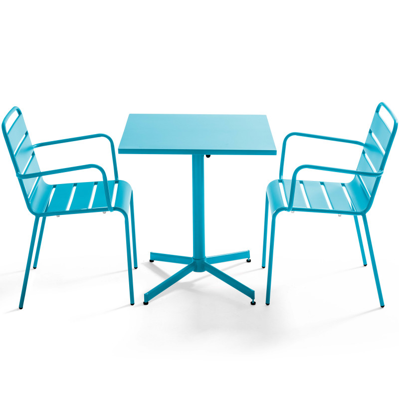 Table carrée rabattable BLEUE et 2 fauteuils en métal