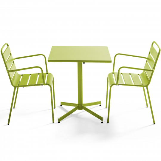Table de terrasse carrée rabattable et 2 fauteuils en métal vert