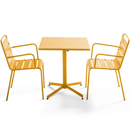 Table de terrasse carrée rabattable et 2 fauteuils en métal jaune