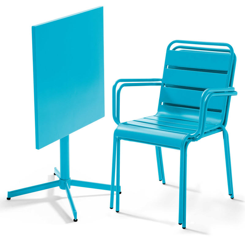 Table carrée BLEUE rabattable et 2 fauteuils en métal