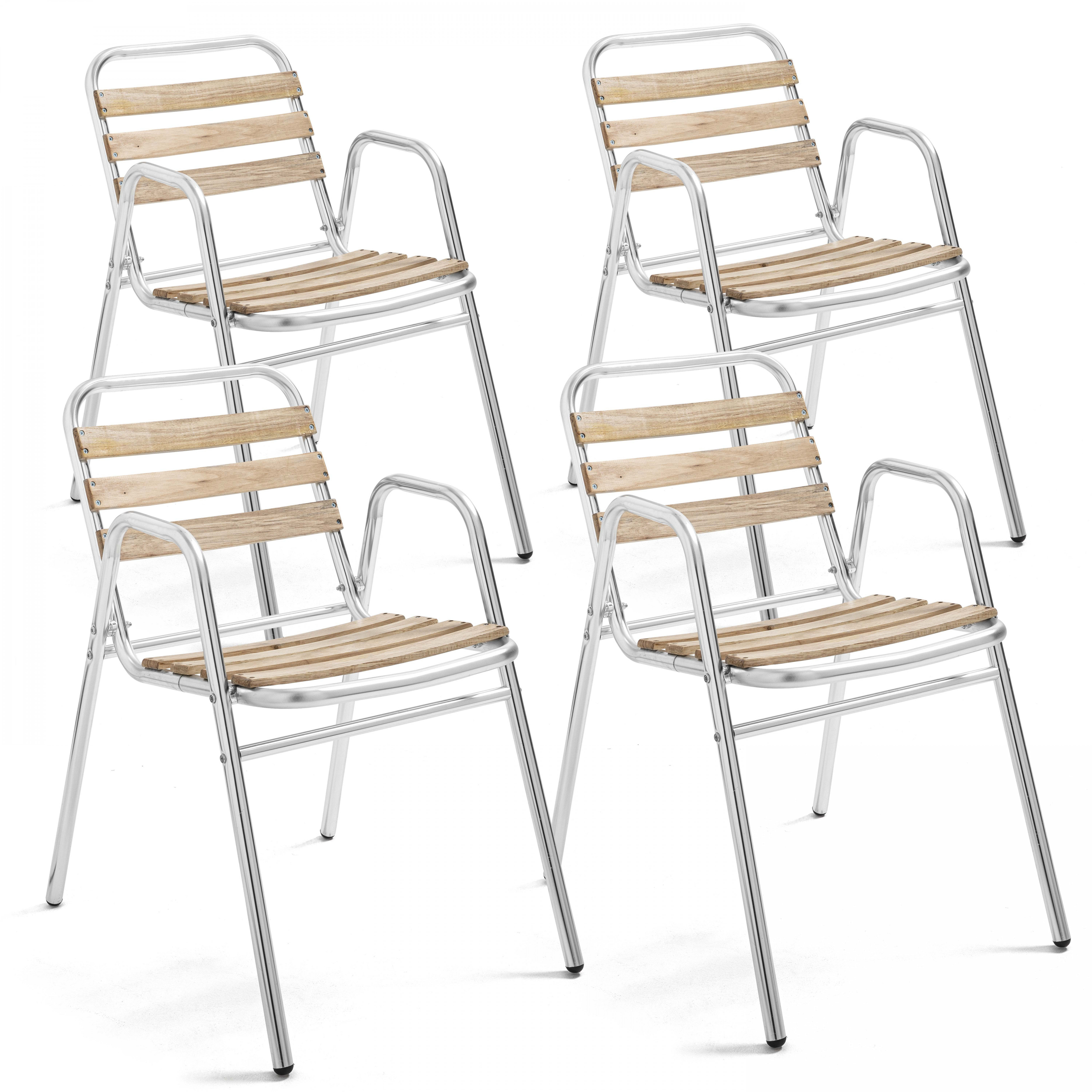 Chaises de terrasse de restaurant en aluminium et bois avec accoudoirs - Lot de 4