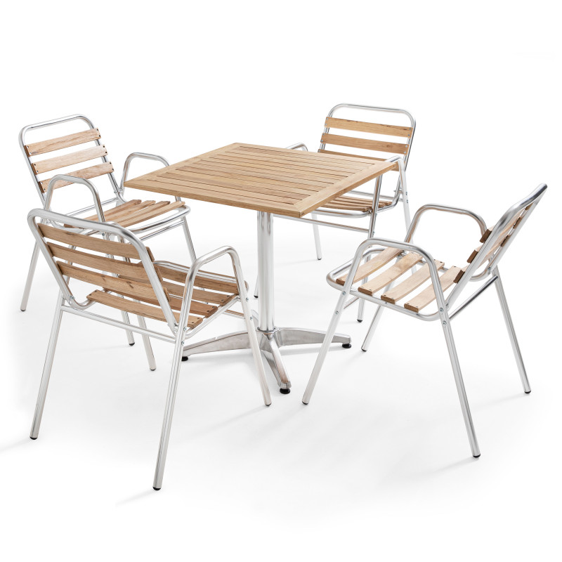 Table brasserie plateau bois et 4 chaises aluminium et bois
