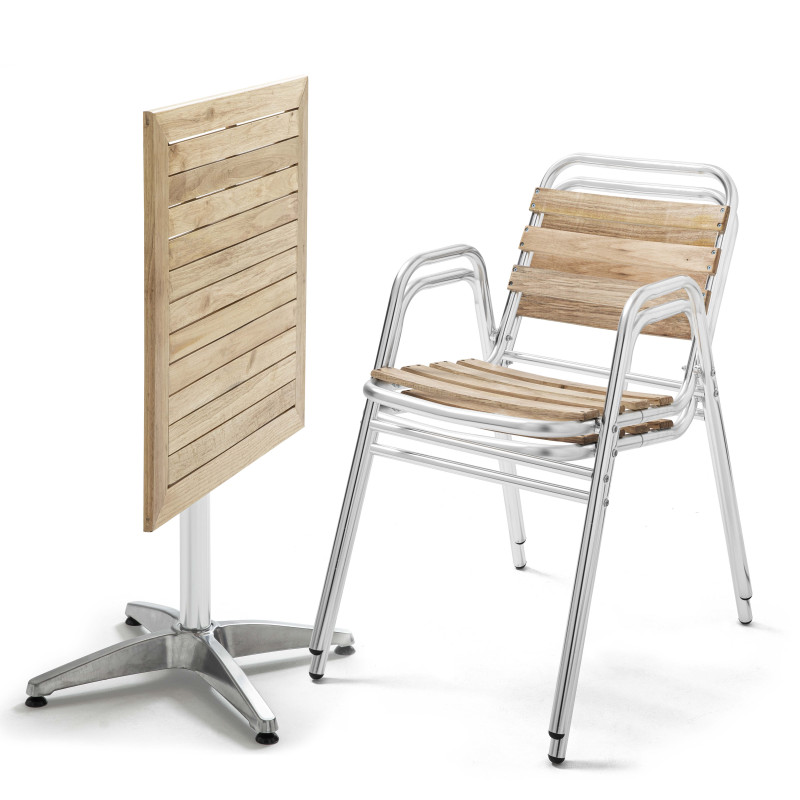 Table carrée bois CHR et 2 fauteuils aluminium