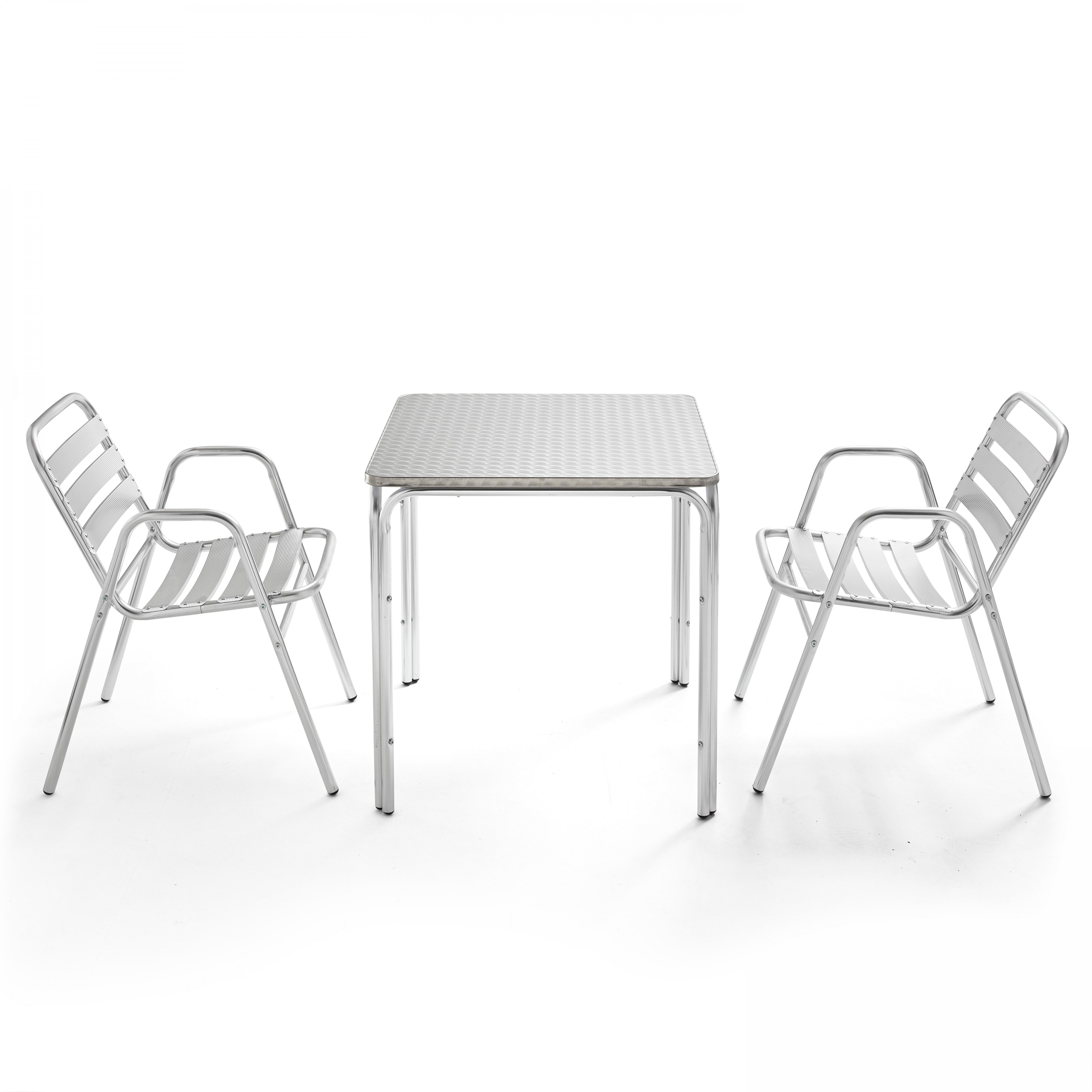 Table de terrasse bistrot carrée en aluminium 70x70 cm et 2 chaises avec accoudoirs