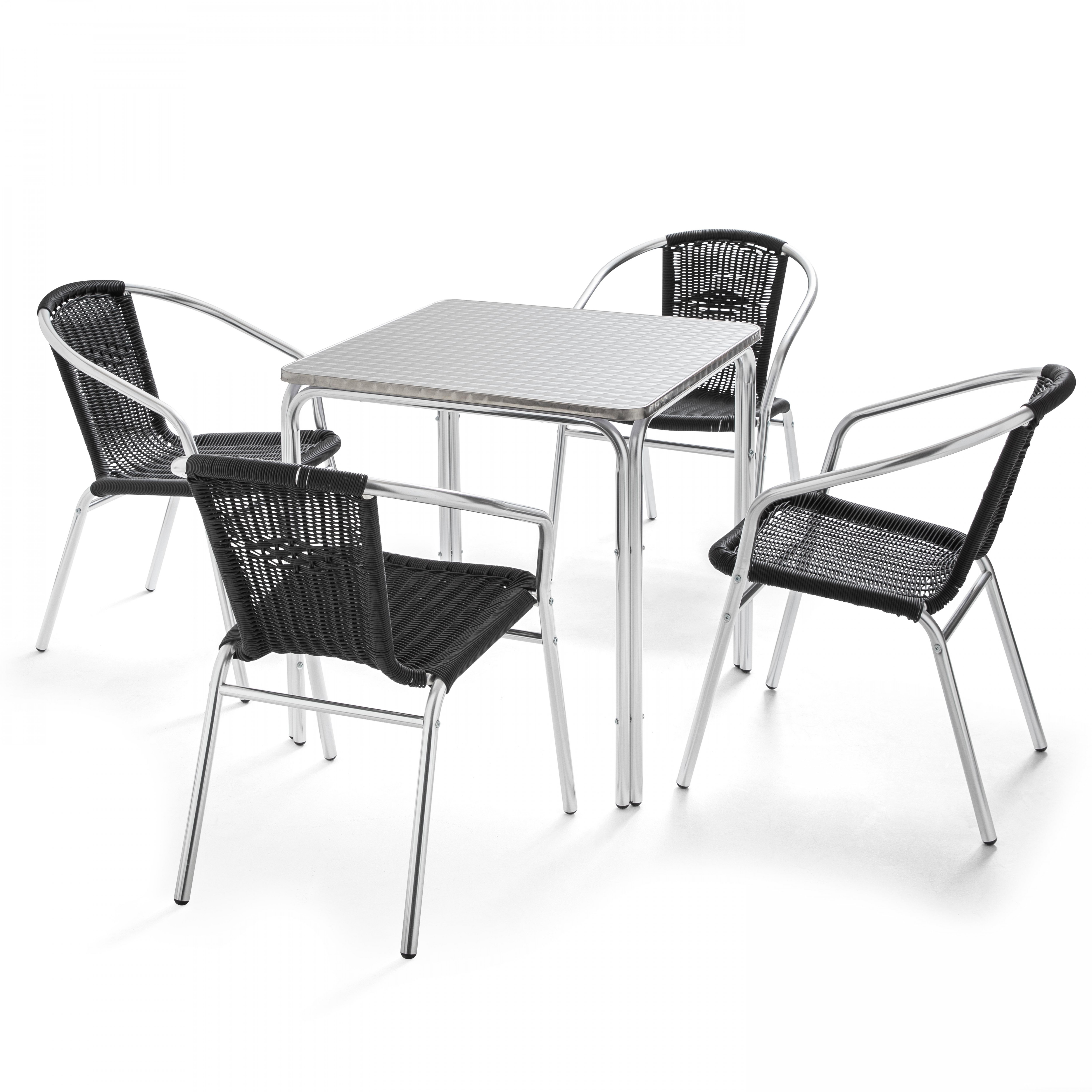 Table de terrasse bistrot carrée en aluminium 70x70 cm et 4 chaises avec accoudoirs en résine tressée
