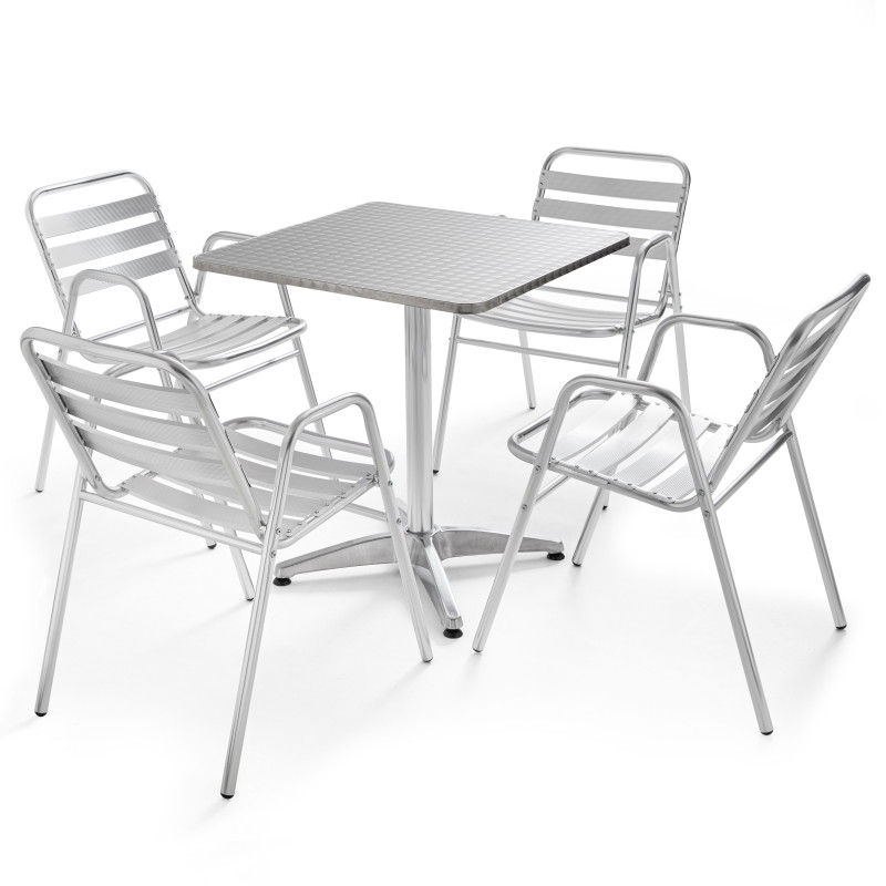 Table carrée bistro en aluminium et 4 fauteuils