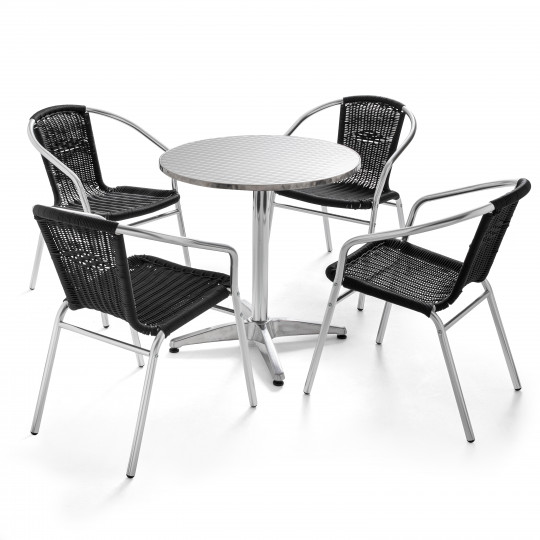 Table ronde en aluminium et 4 fauteuils en résine noir