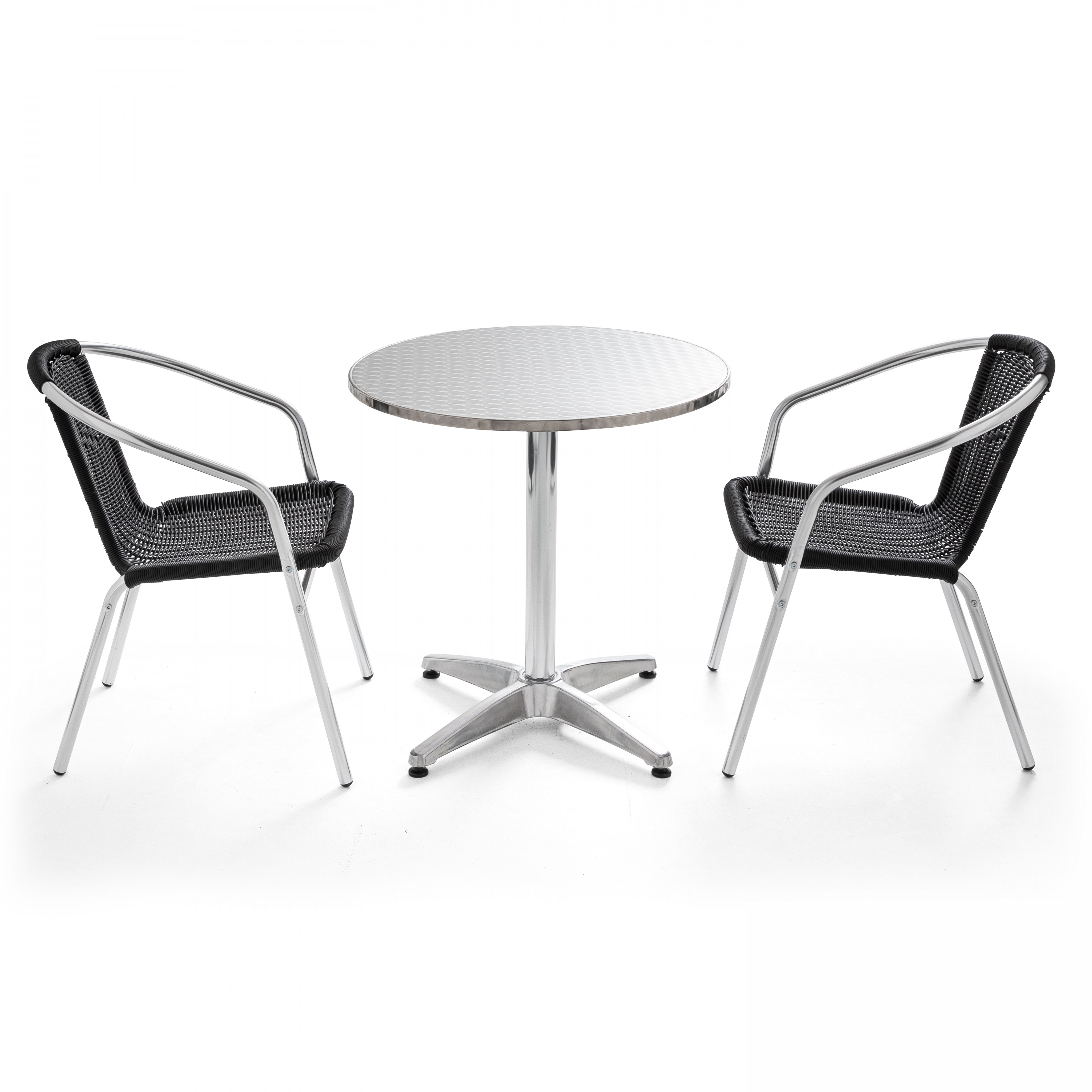 Table de terrasse bistrot ronde en aluminium ∅70 cm et 2 chaises avec accoudoirs en résine tressée