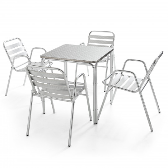 Table carrée CHR en alu et 4 fauteuils de terrasse empilables