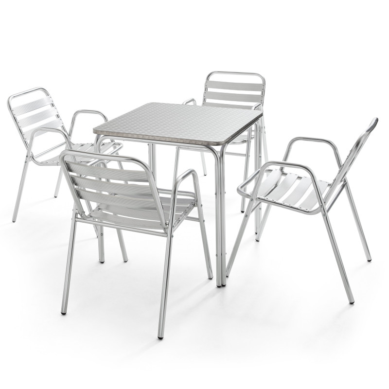 Table carrée bistro CHR et 4 fauteuils alu empilable Table carrée bistro CHR et 4 fauteuils alu empilable