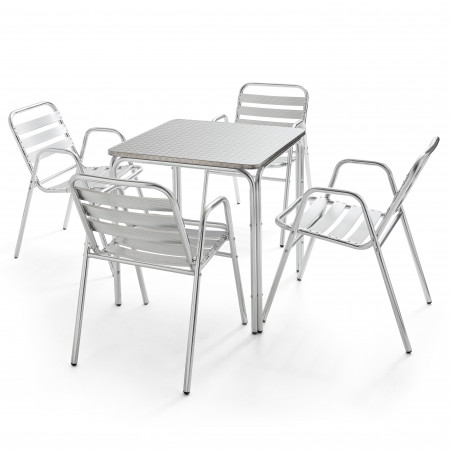 Table carrée bistro CHR et 4 fauteuils alu empilable