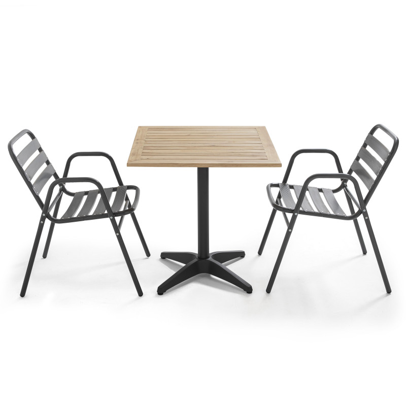 Table carrée bois bistro CHR et 2 fauteuils gris aluminium