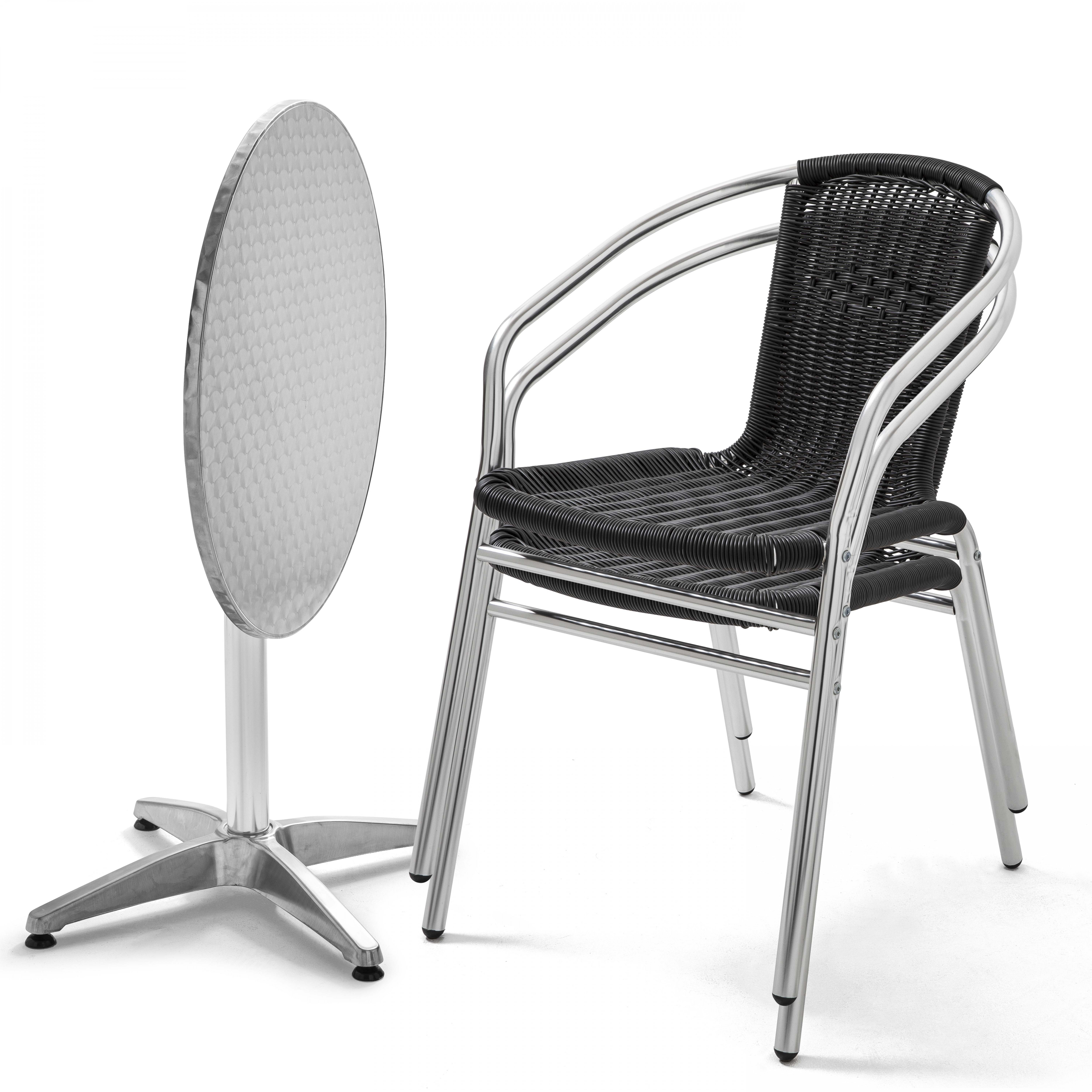 Table de terrasse bistrot ronde inclinable en aluminium Ø70 cm et 2 chaises avec accoudoirs en résine tressée