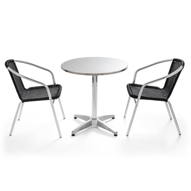 Table ronde bistro alu et 2 fauteuils noir en résine Table ronde bistro alu et 2 fauteuils noir en résine