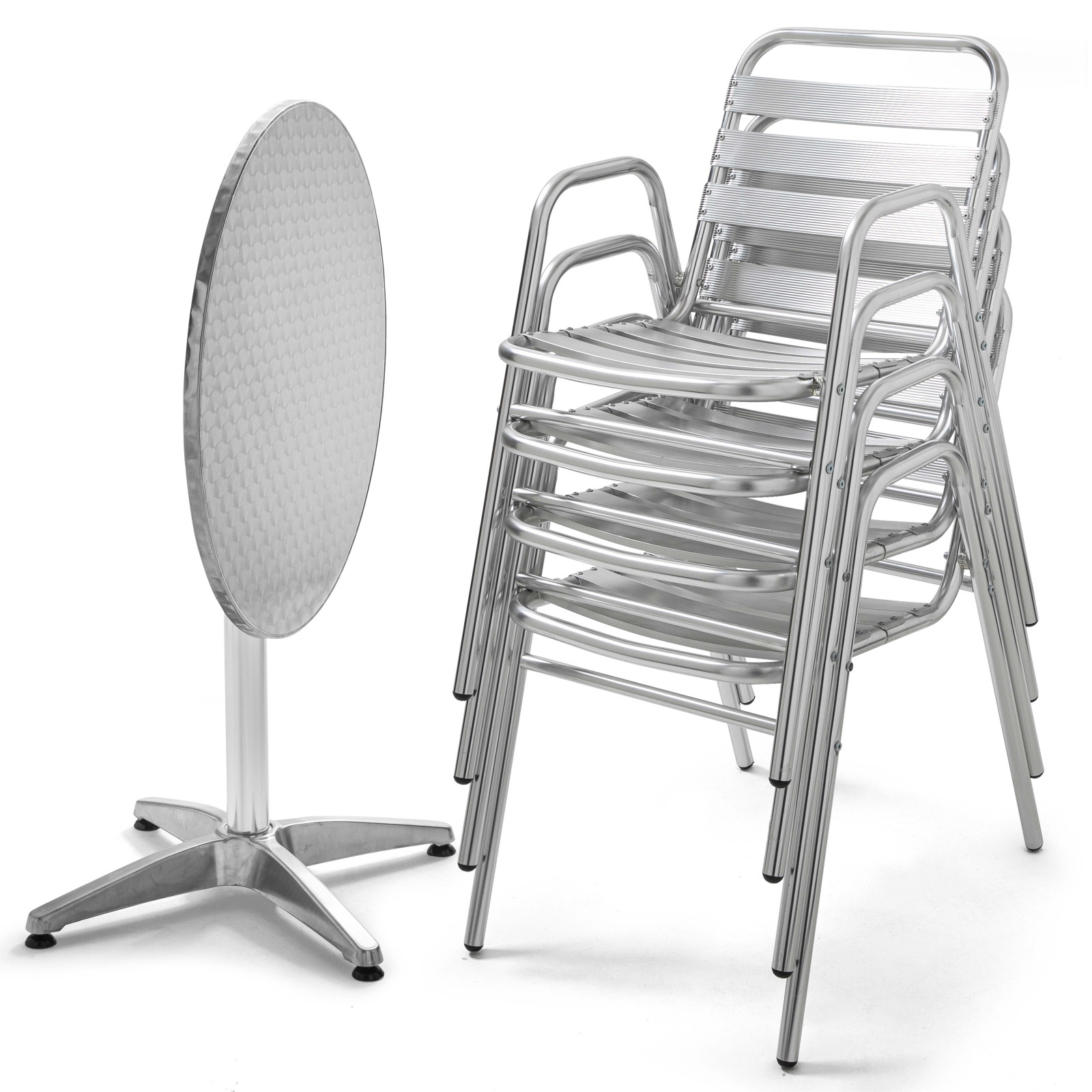 Table ronde CHR rabattable et 4 fauteuils aluminium