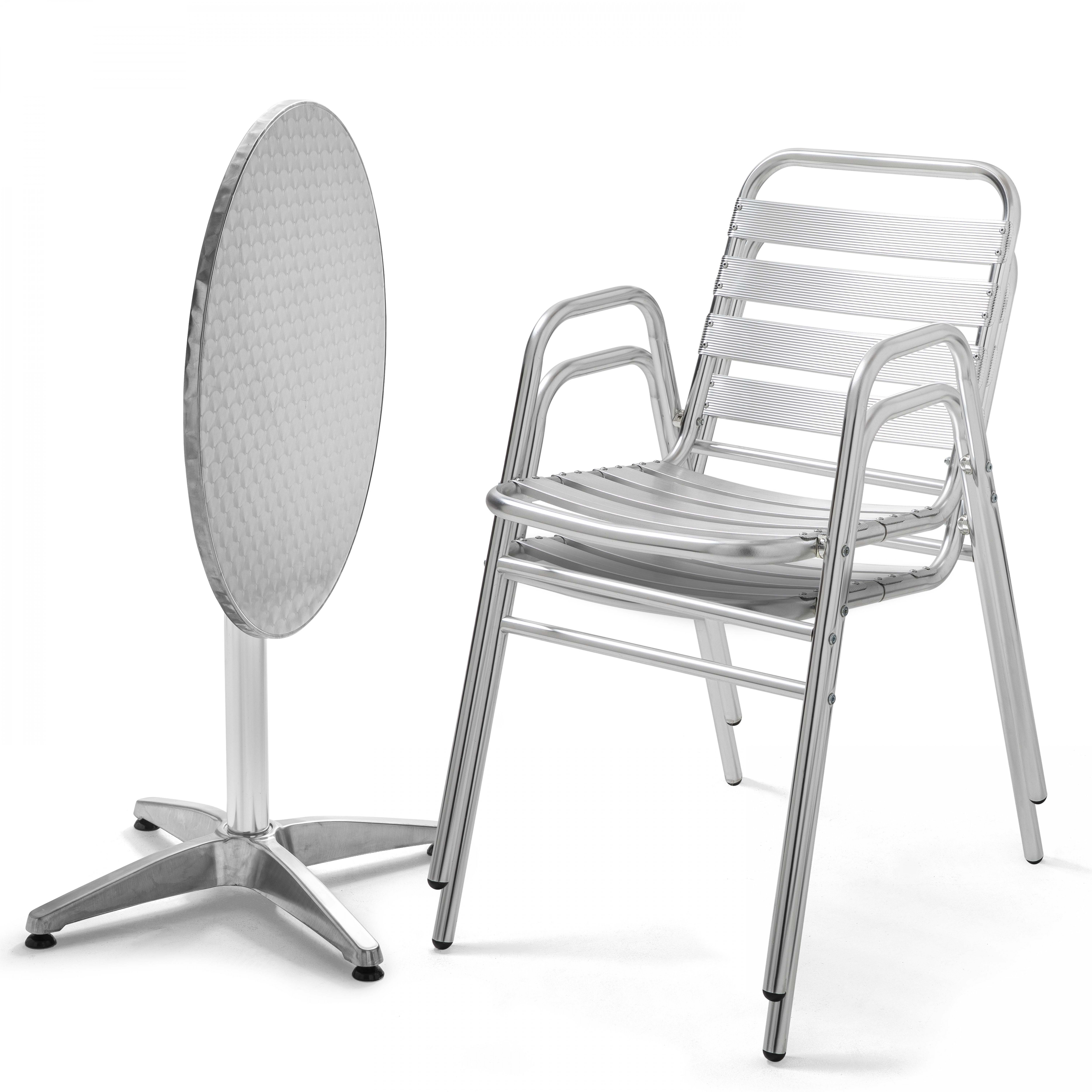 Table de terrasse bistrot ronde inclinable en aluminium Ø70 cm et 2 chaises avec accoudoirs