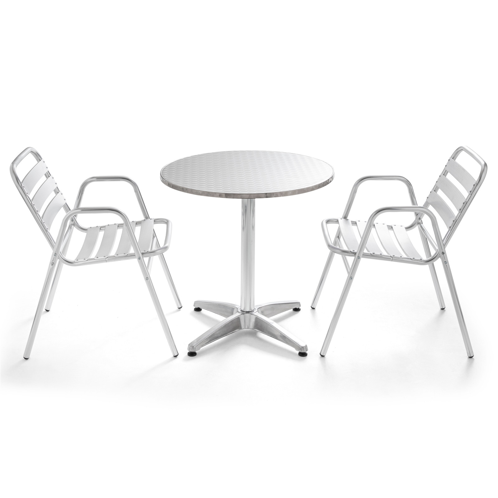 Table ronde en aluminium 4 places et 2 chaises avec accoudoirs Table ronde en aluminium 4 places et 2 chaises avec accoudoirs