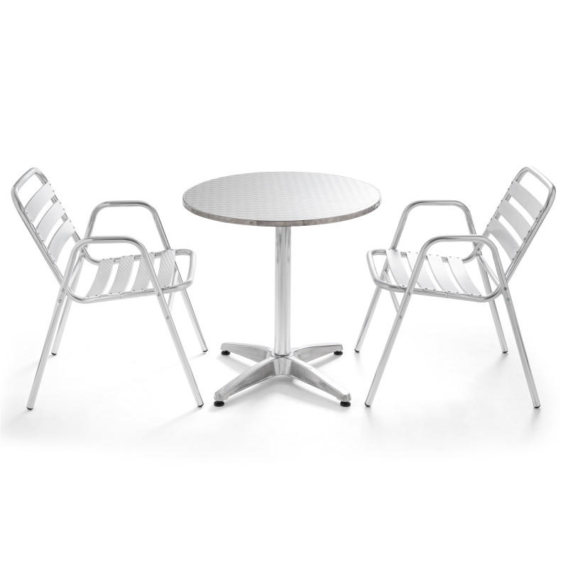 Table ronde en aluminium 4 places et 2 chaises avec accoudoirs Table ronde en aluminium 4 places et 2 chaises avec accoudoirs