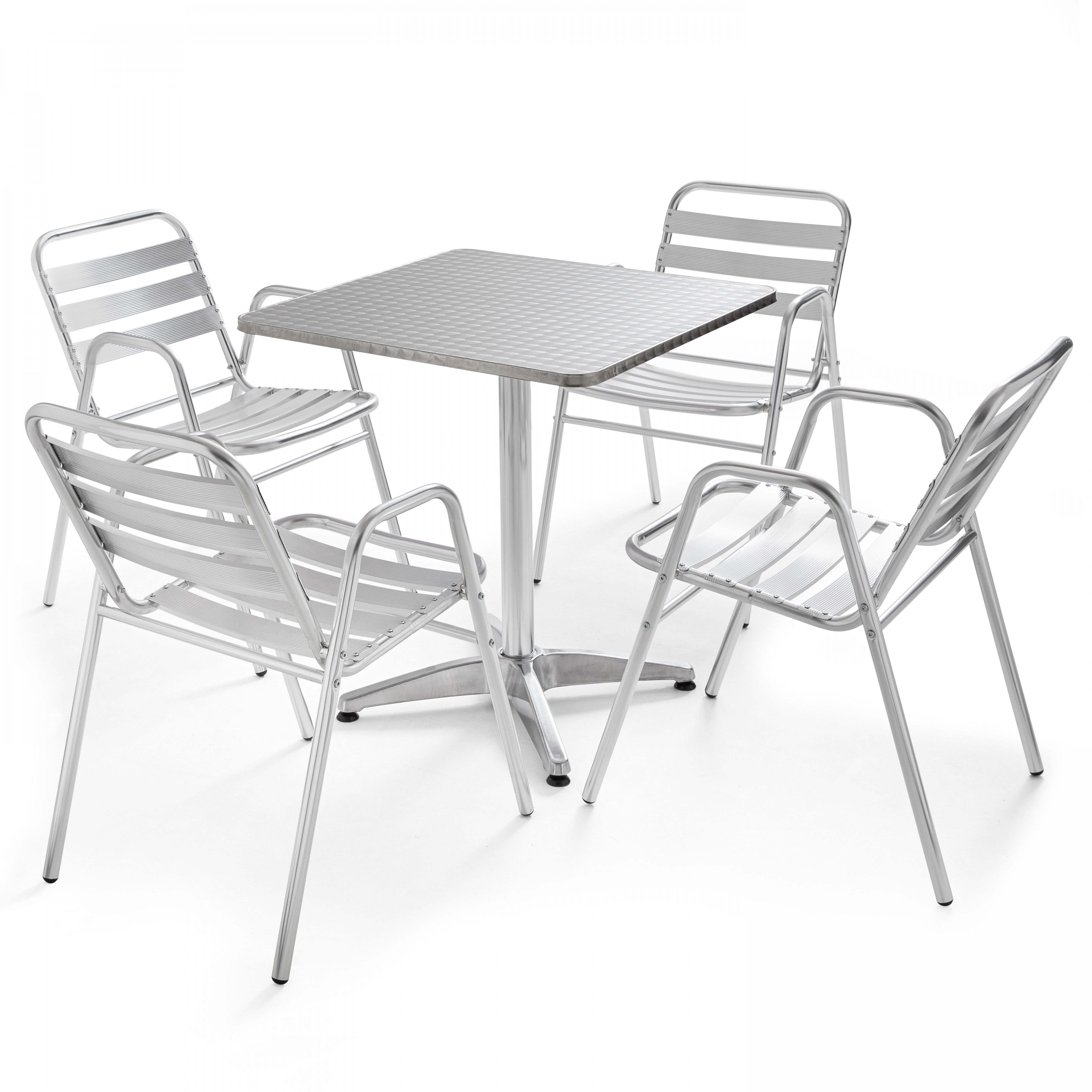 Table de terrasse bistrot carrée inclinable en aluminium 70x70 cm et 4 chaises avec accoudoirs