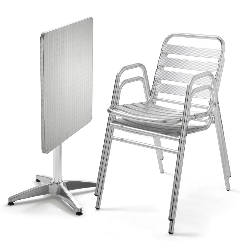 Table carrée rabattable terrasse CHR et 2 fauteuils empilables