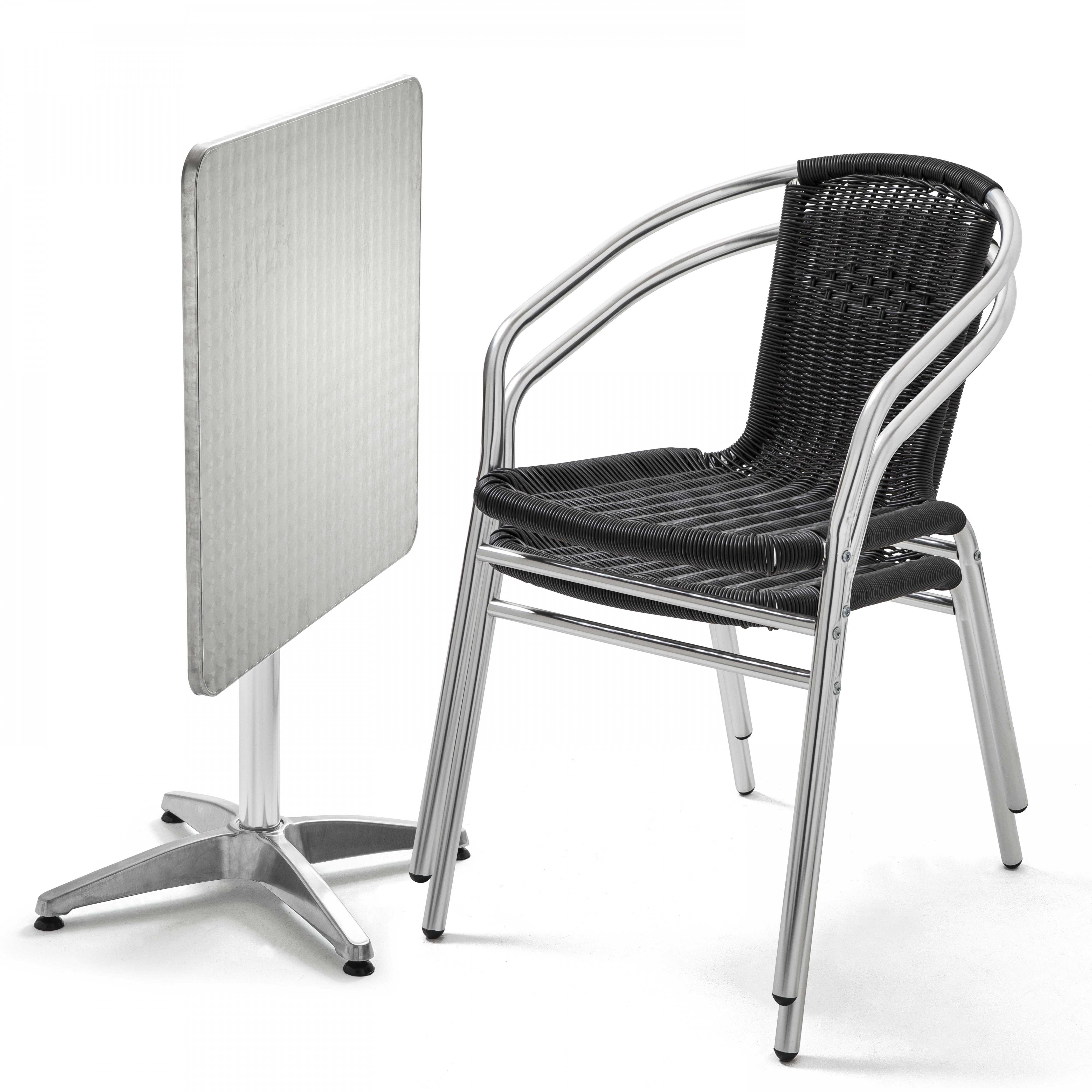 Table de terrasse bistrot carrée inclinable en aluminium 70x70 cm et 2 chaises avec accoudoirs en résine tressée