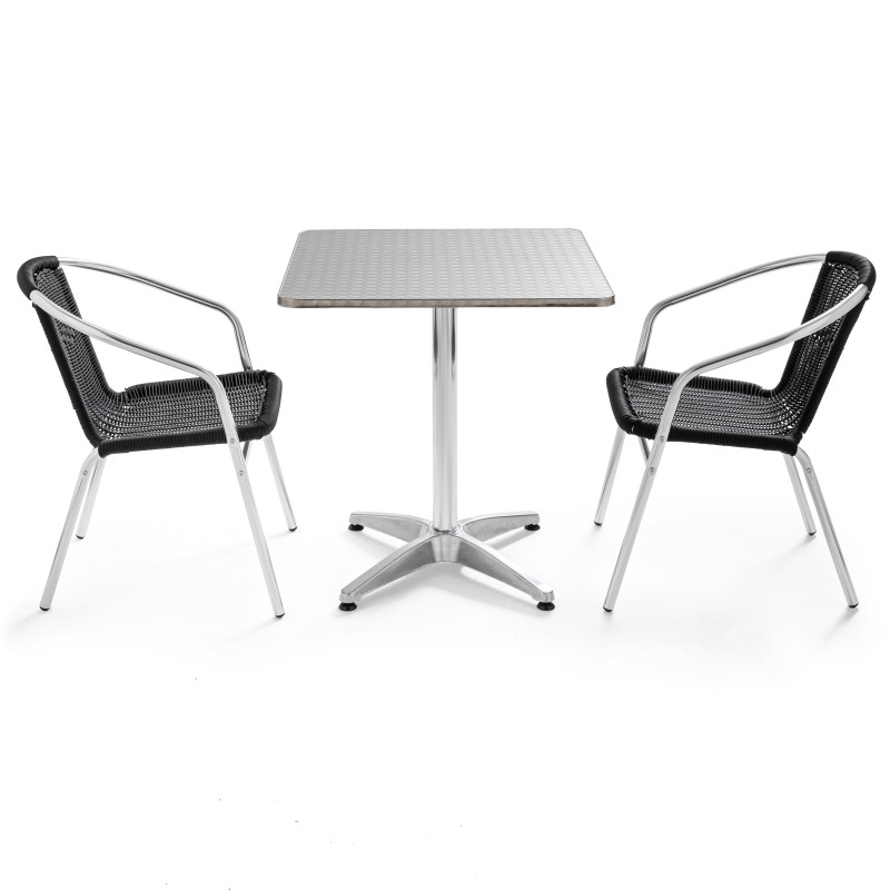 Table carrée bistro CHR et 2 fauteuils noirs empilables Table carrée bistro CHR et 2 fauteuils noirs empilables