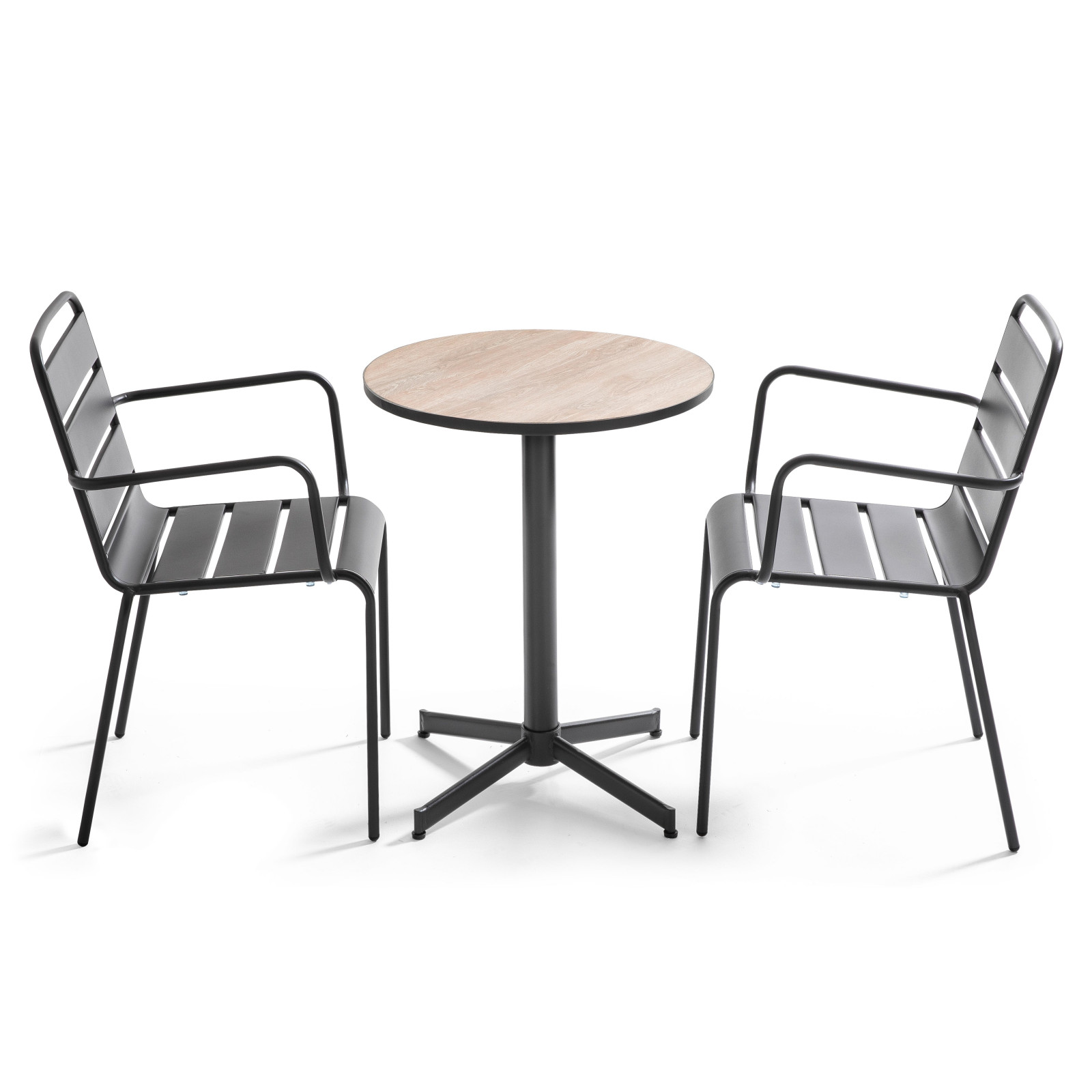 Table bistro ronde indus et 2 chaises en métal avec accoudoirs