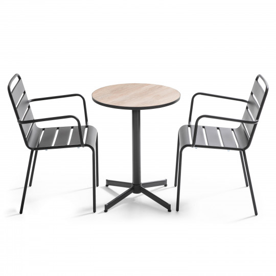 Table bistro ronde indus et 2 chaises en métal avec accoudoirs