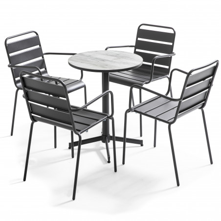 Table bistro ronde effet bois gris et 4 chaises en métal
