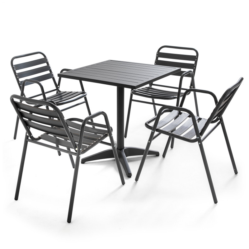 Table carrée grise CHR et 4 fauteuils gris en aluminium