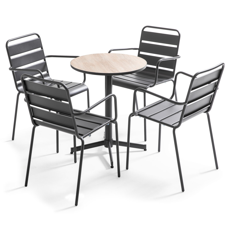 Table bistro ronde métal et céramique effet bois et 4 fauteuils gris
