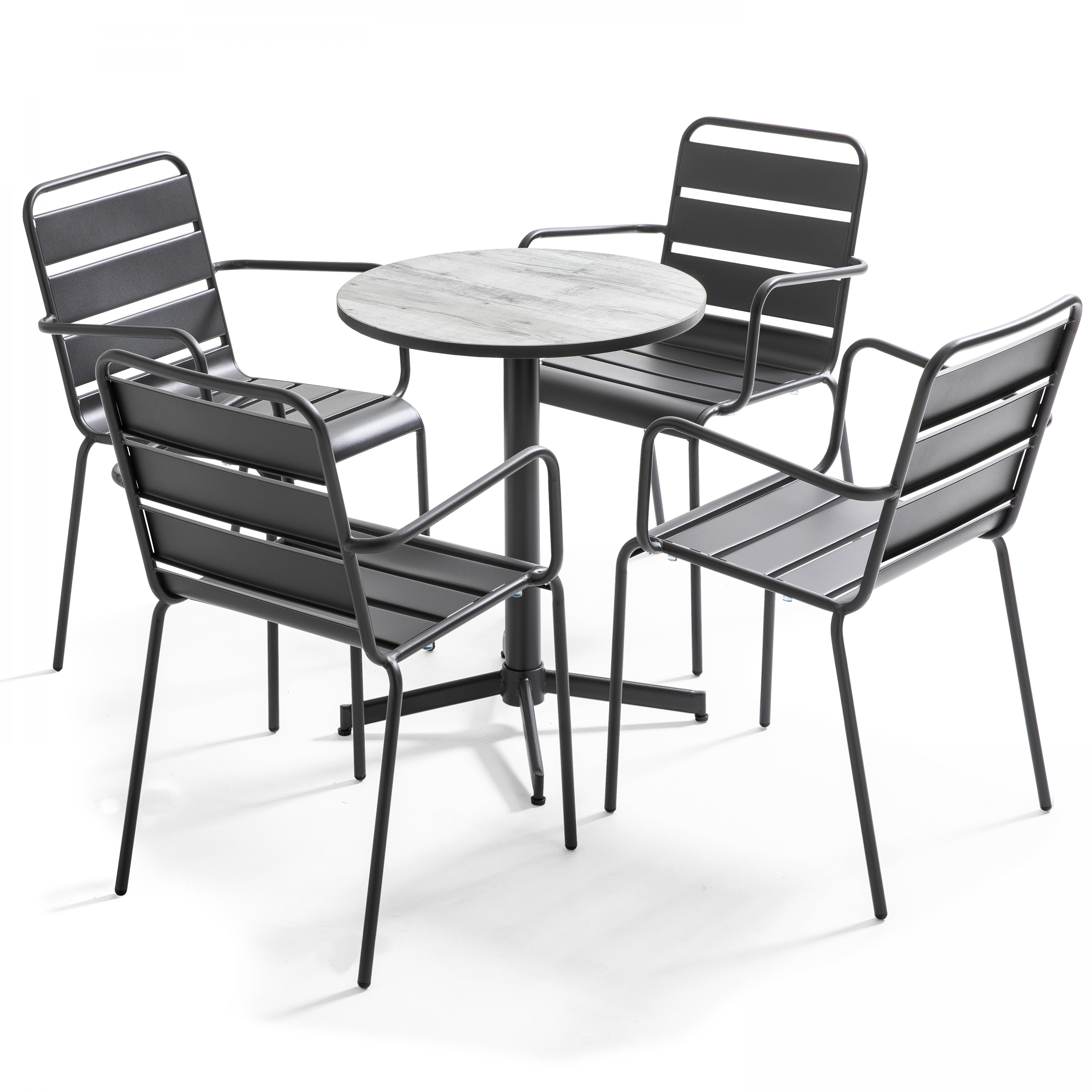 Table de terrasse bistrot ronde en métal et céramique effet bois Ø60 cm et 4 chaises avec accoudoirs