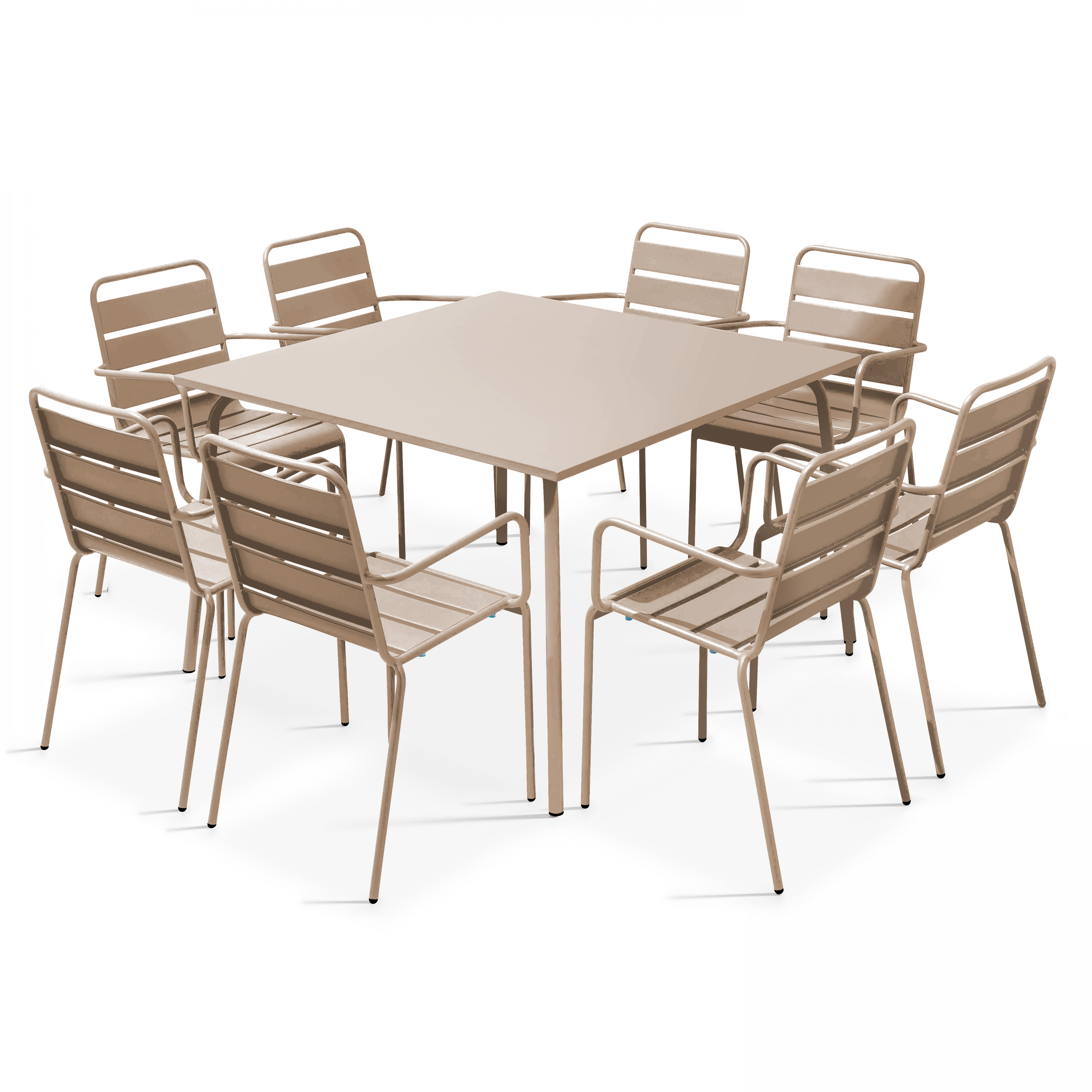 Table de terrasse carrée en métal 120x120 cm et 8 chaises avec accoudoirs