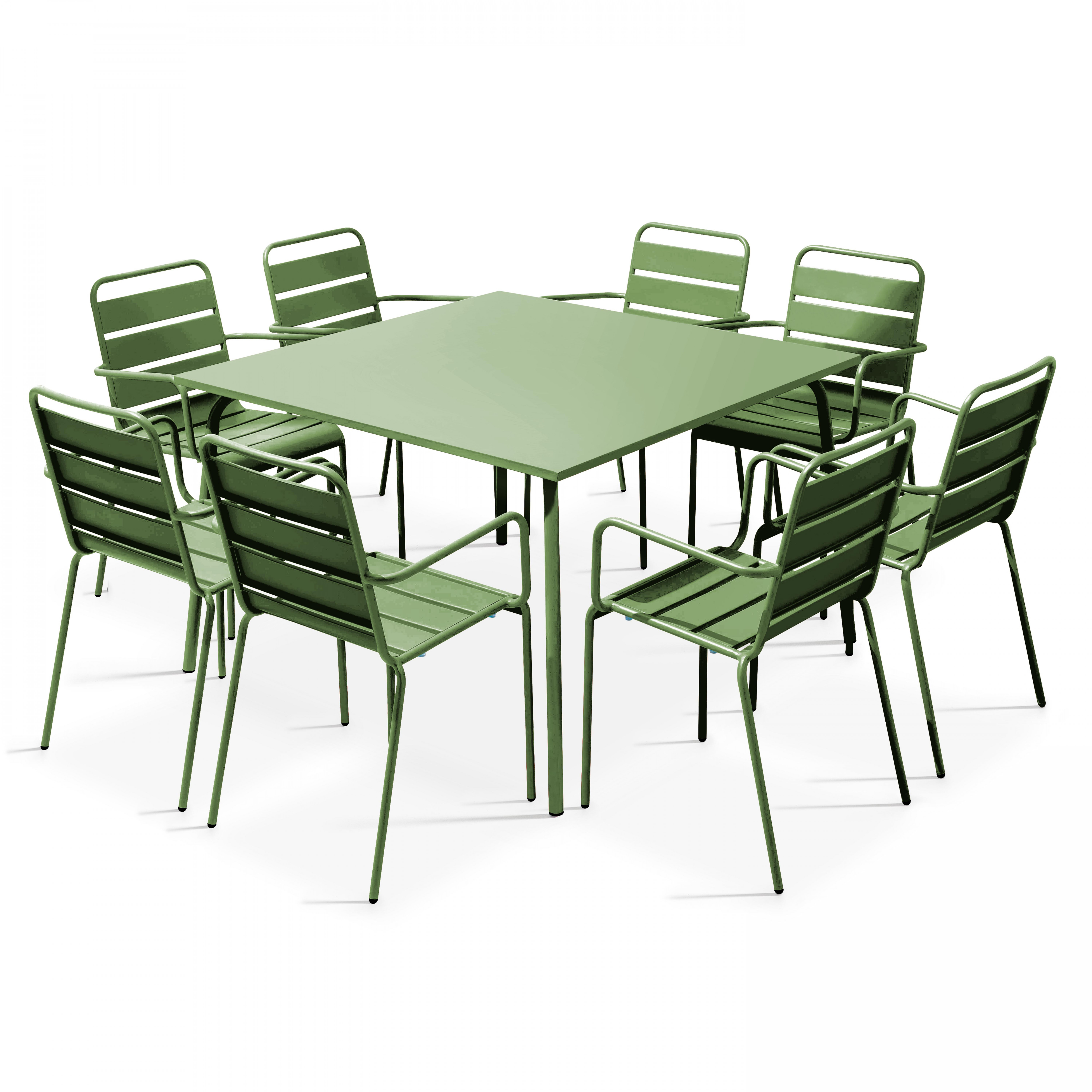 Table de terrasse carrée en métal 120x120 cm et 8 chaises avec accoudoirs
