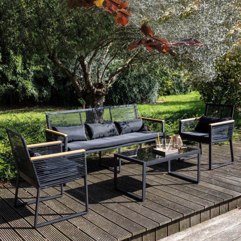 Salon de jardin 5 places en fils tressés noirs