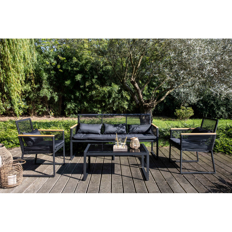 Salon de jardin 5 places en fils tressés noirs